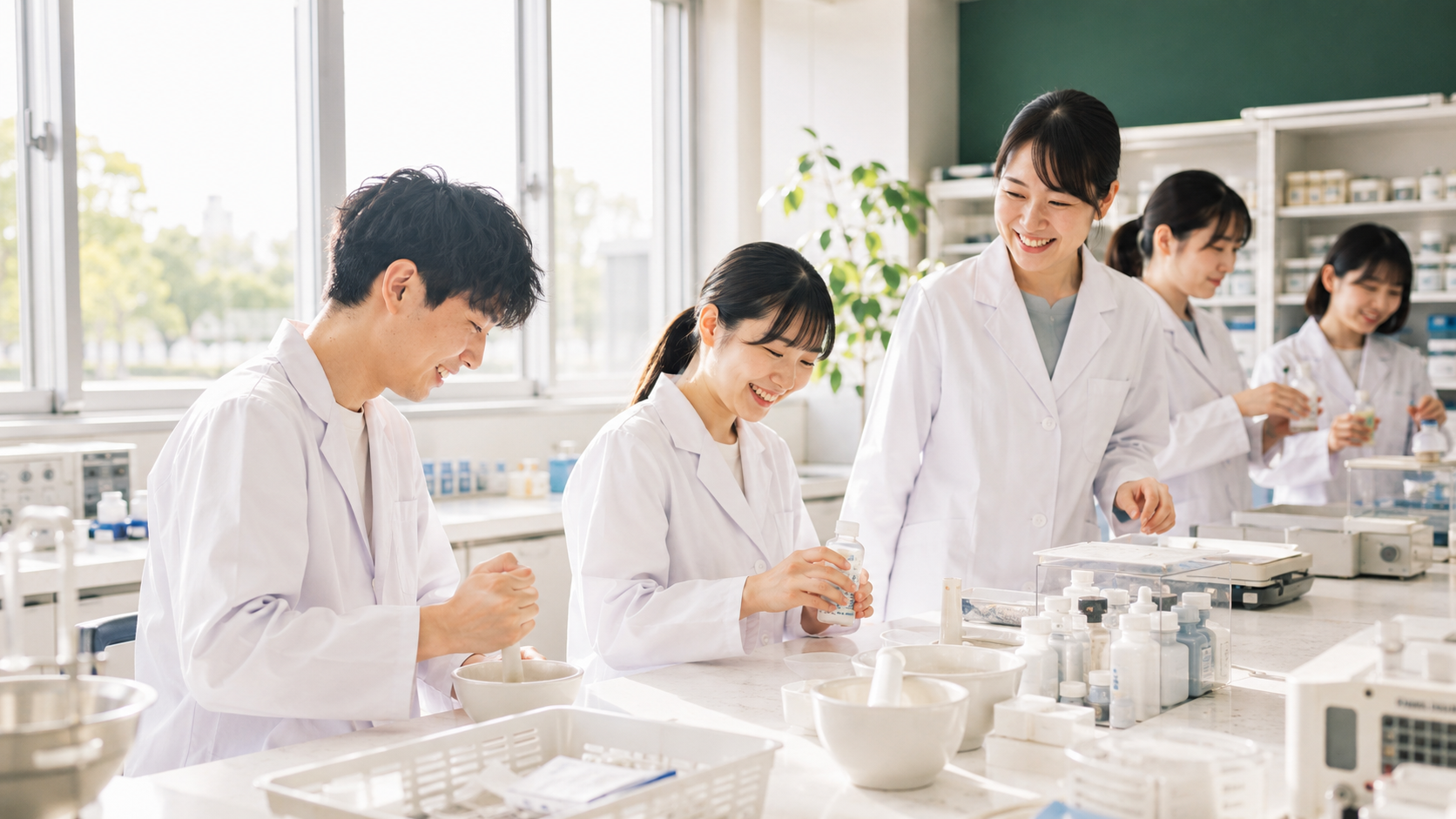 教員が学生全員の手元を確認する調剤シミュレーション室